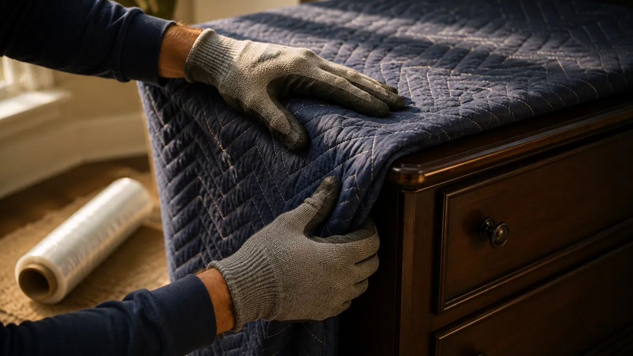 Gloved hands securing a moving blanket over a wooden dresser