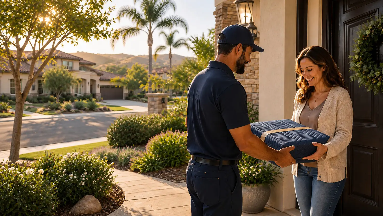 A mover handing a blanket-wrapped item to a homeowner at her front door