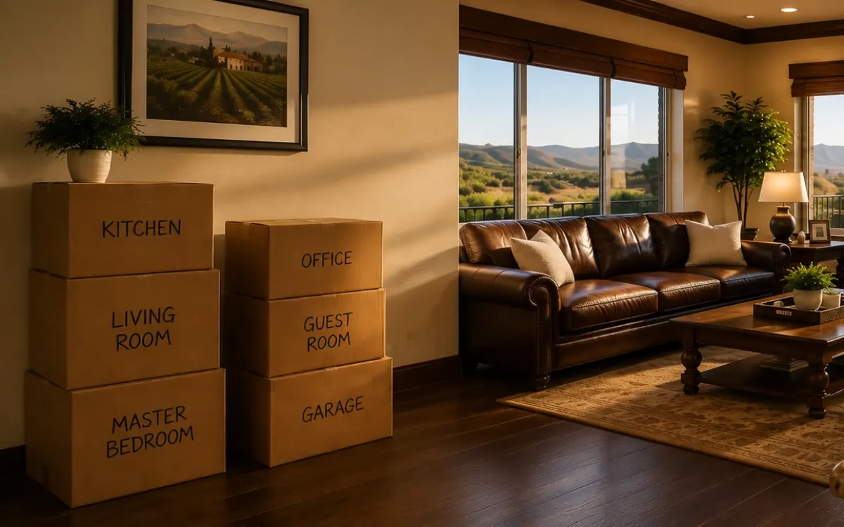 Packed moving boxes and furniture in a home with views of the valley